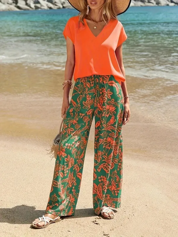 V-Neck Top and Summer Beach Floral Print Pants Two-Piece Set sold by Charming Charlie