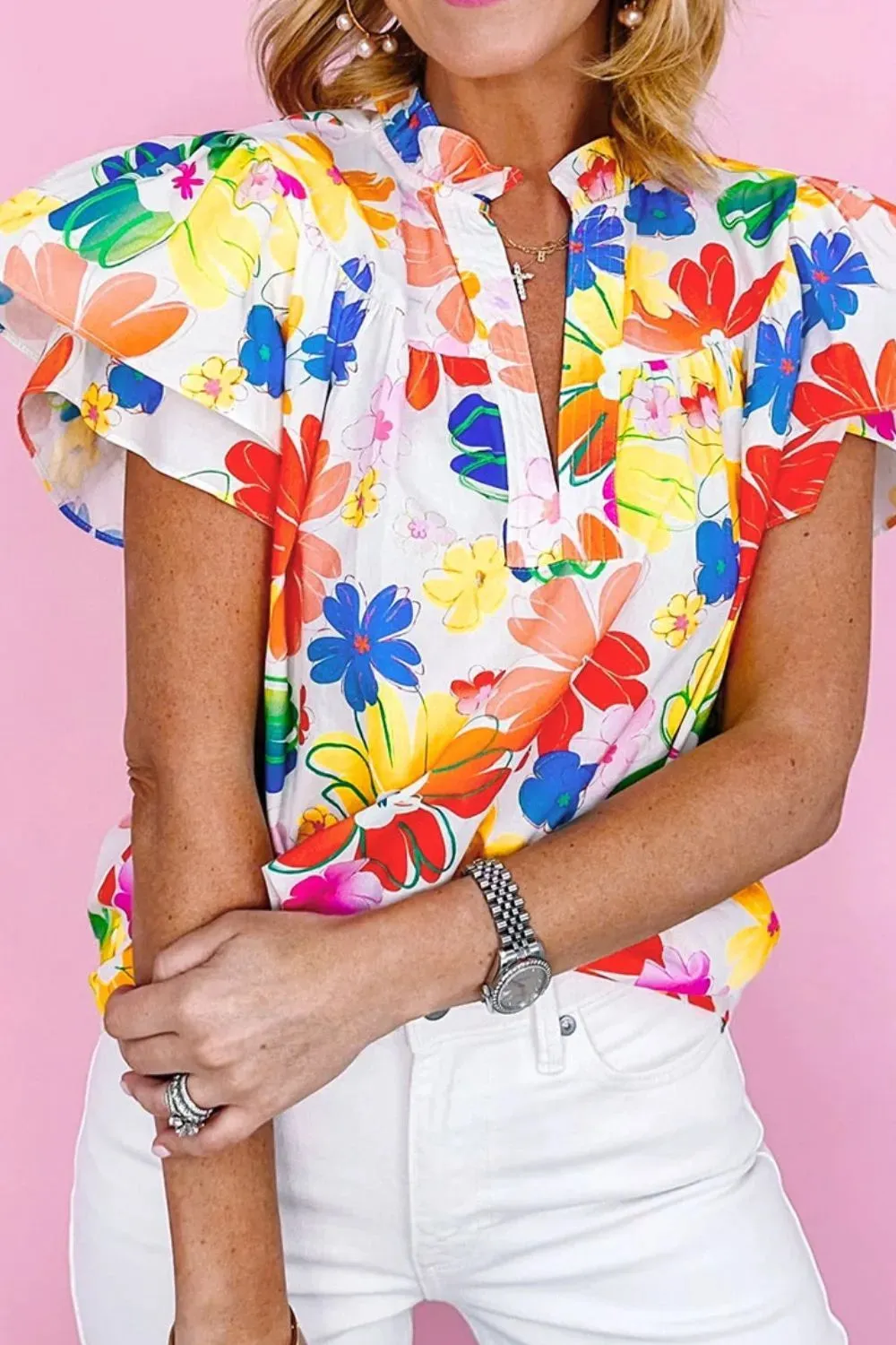 Ruffled Printed Notched Cap Sleeve Blouse sold by Charming Charlie product image thumbnail 4