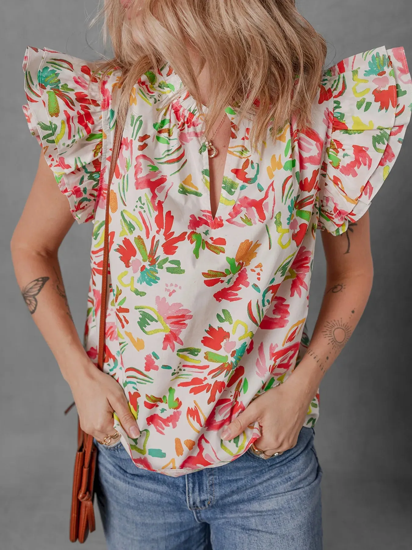 Multicolour Floral Printed Cap Sleeve Split Neck Blouse sold by Charming Charlie