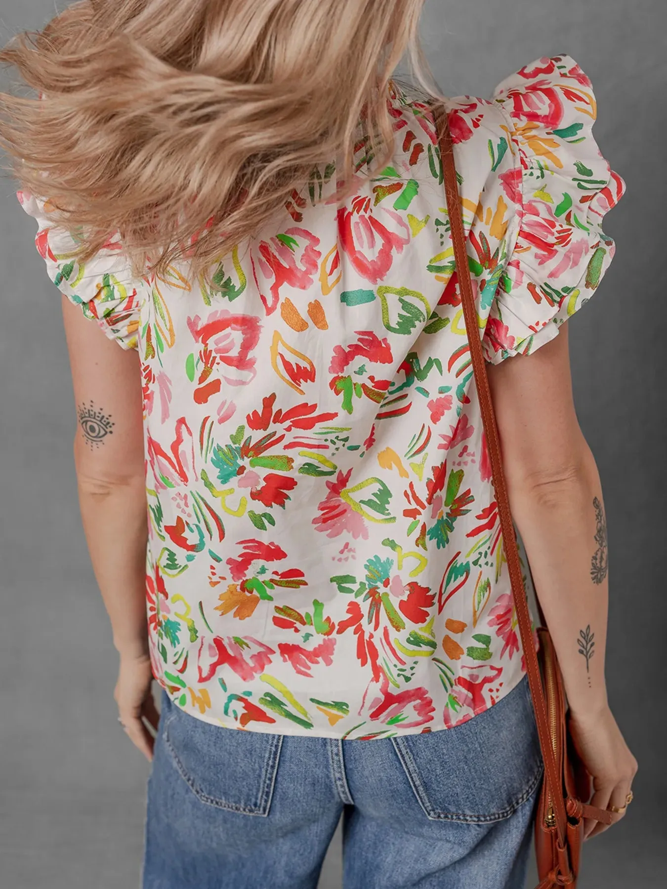 Multicolour Floral Printed Cap Sleeve Split Neck Blouse sold by Charming Charlie product image thumbnail 3