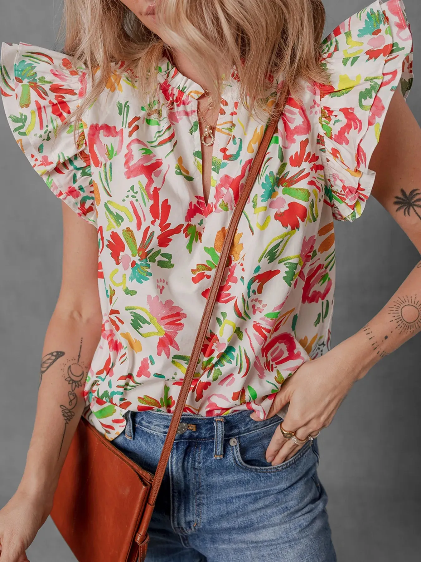 Multicolour Floral Printed Cap Sleeve Split Neck Blouse sold by Charming Charlie product image thumbnail 2