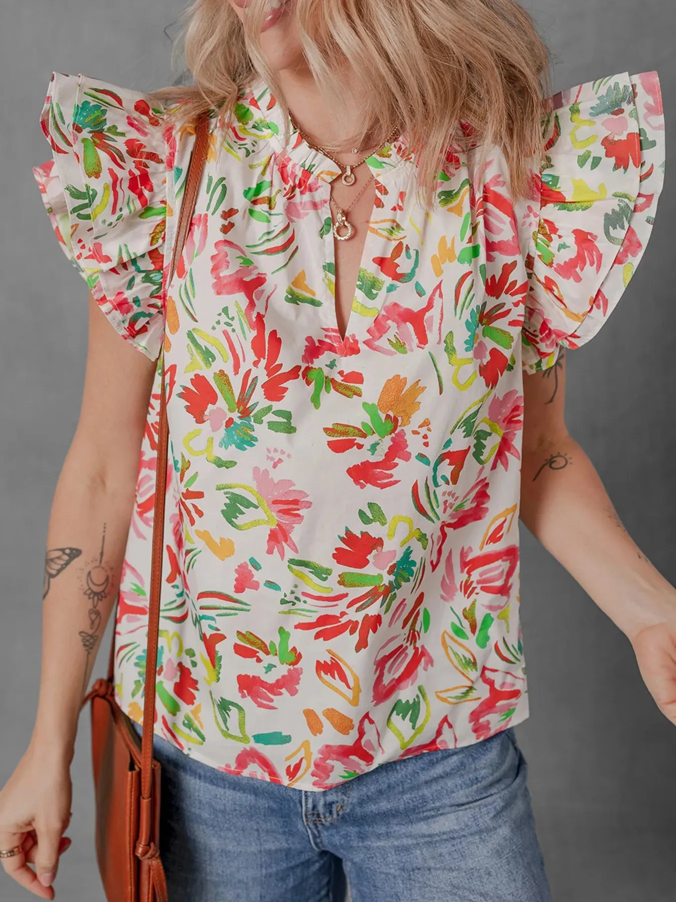 Multicolour Floral Printed Cap Sleeve Split Neck Blouse sold by Charming Charlie product image thumbnail 4