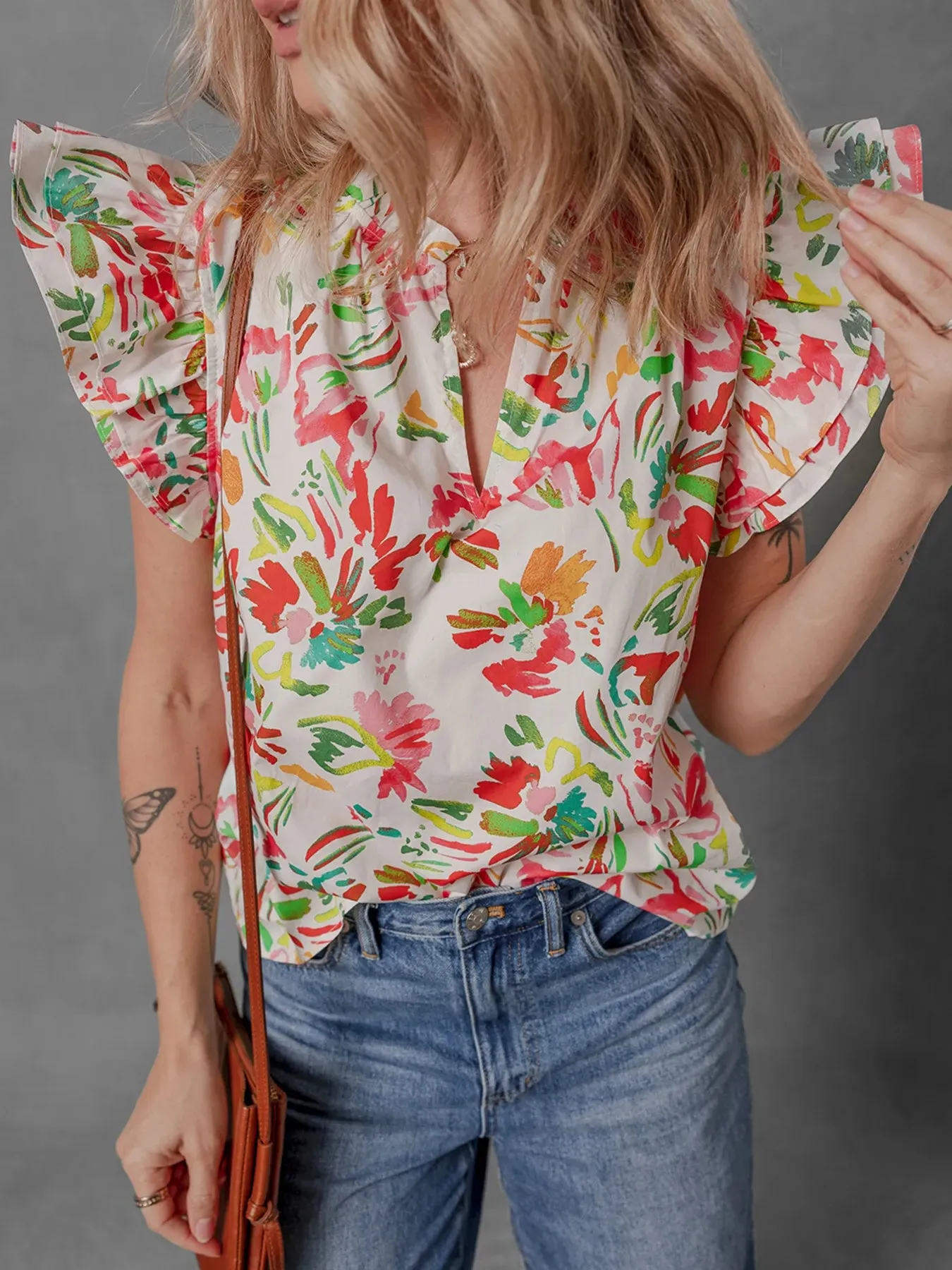 Multicolour Floral Printed Cap Sleeve Split Neck Blouse sold by Charming Charlie product image thumbnail 5