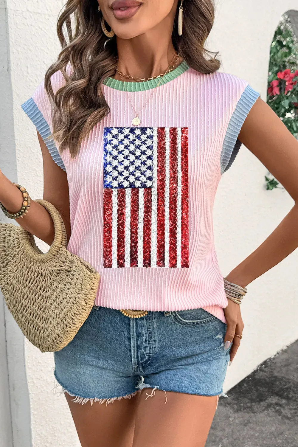 Colorblock Edge Twisted Rib Texture Sequin American Flag Casual T Shirt sold by Charming Charlie product image thumbnail 3