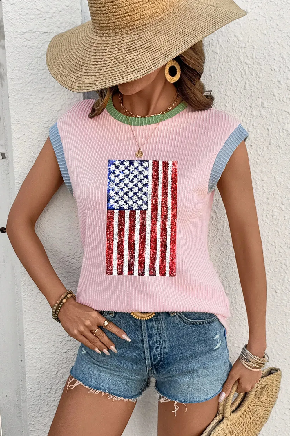 Colorblock Edge Twisted Rib Texture Sequin American Flag Casual T Shirt sold by Charming Charlie product image thumbnail 5
