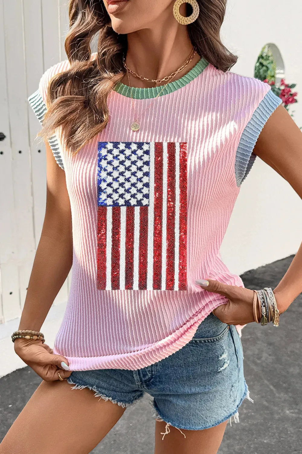 Colorblock Edge Twisted Rib Texture Sequin American Flag Casual T Shirt sold by Charming Charlie
