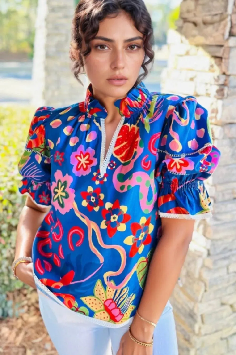 Abstract Print Frilled Collar Ruffled Puff Short Sleeve Top sold by Charming Charlie product image thumbnail 2