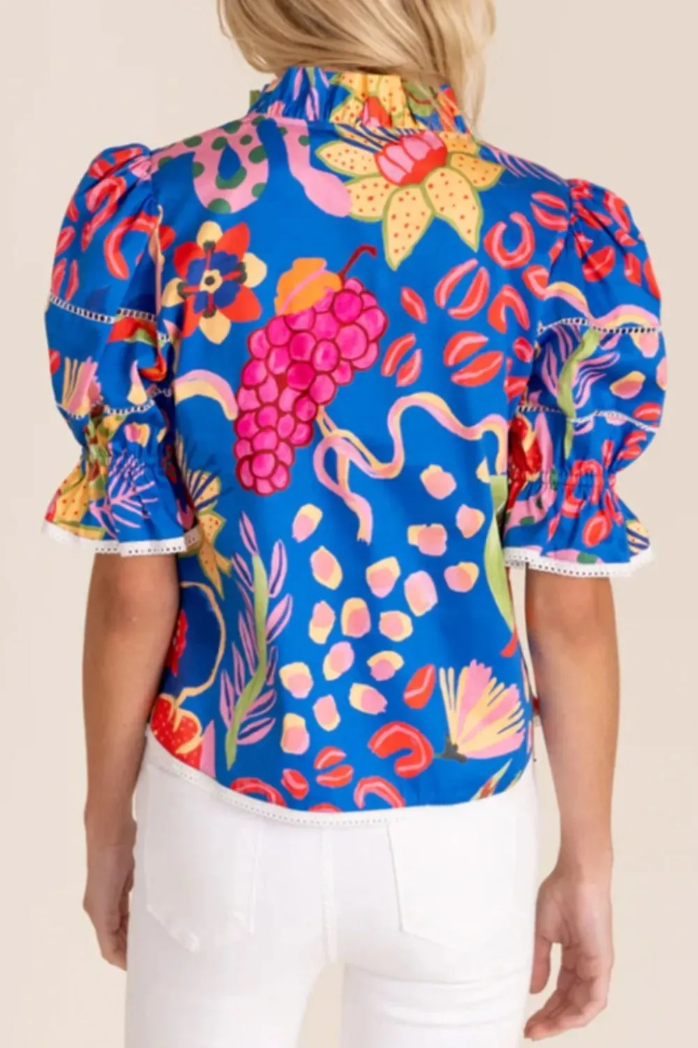 Abstract Print Frilled Collar Ruffled Puff Short Sleeve Top sold by Charming Charlie product image thumbnail 5