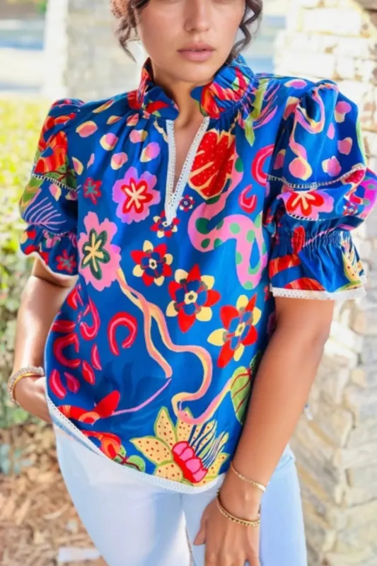 Abstract Print Frilled Collar Ruffled Puff Short Sleeve Top sold by Charming Charlie