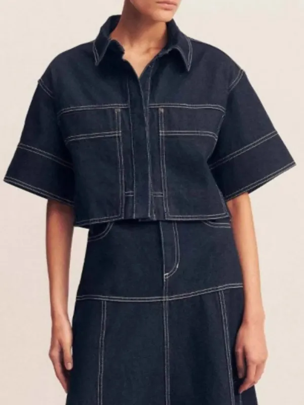 Cropped Short Sleeve Contrast Stitch Denim Top sold by Charming Charlie