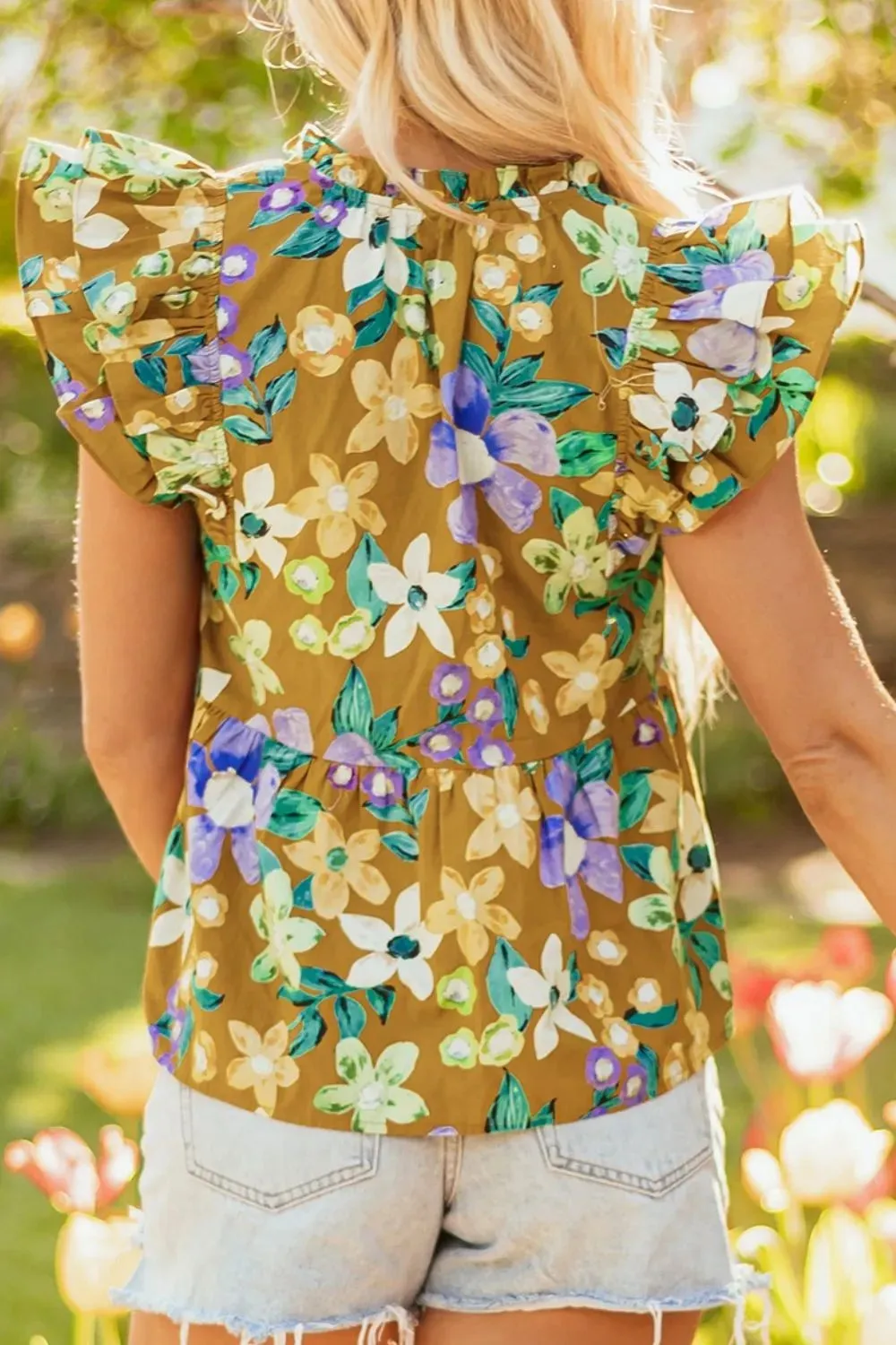 Floral Print Ruffle Cap Sleeve Tie Neck Top sold by Charming Charlie product image thumbnail 3