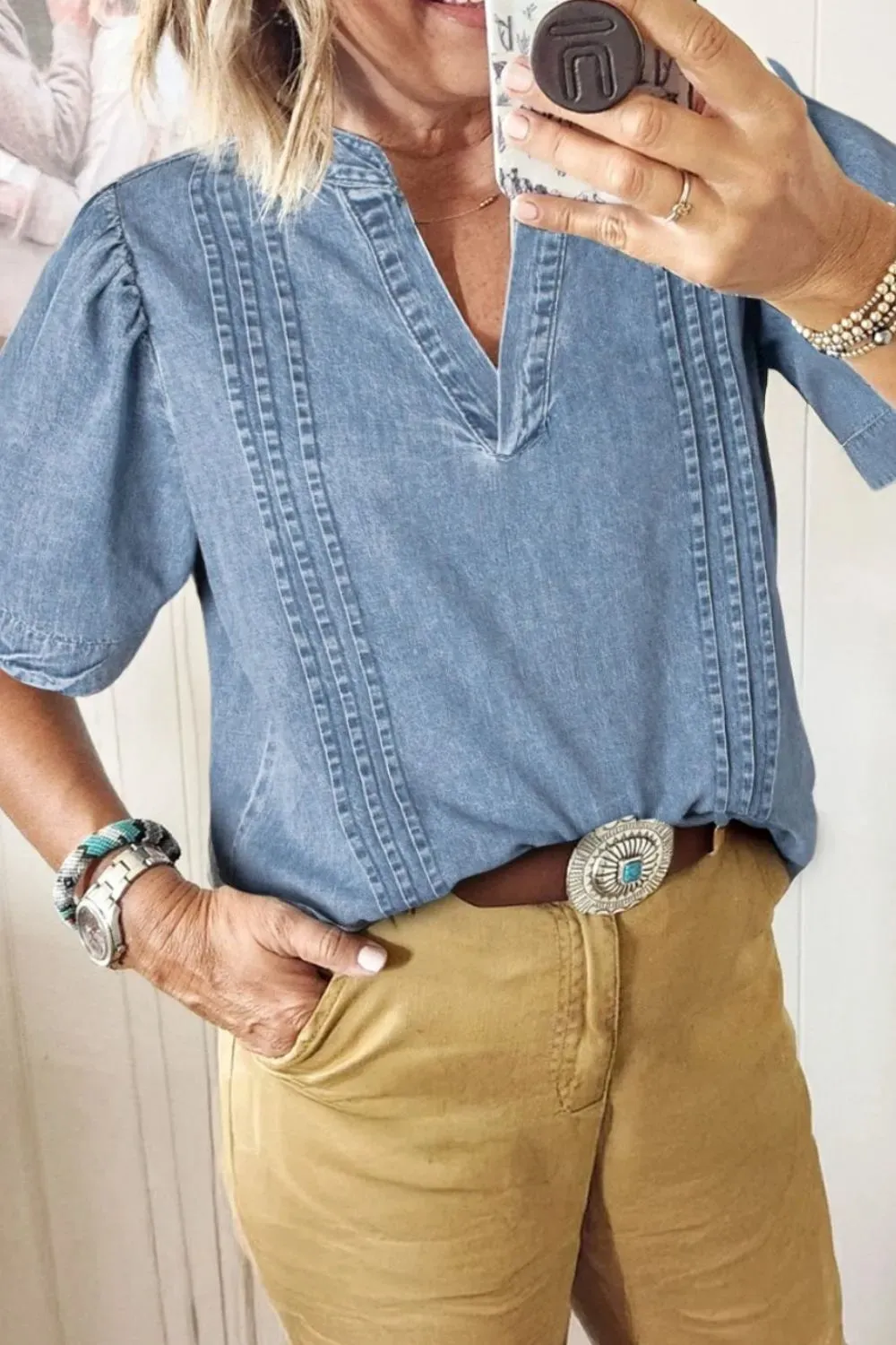 Casual Notched Puff Sleeve Denim Top sold by Charming Charlie product image thumbnail 3