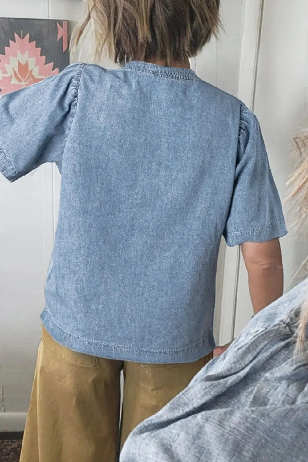 Casual Notched Puff Sleeve Denim Top sold by Charming Charlie product image thumbnail 2