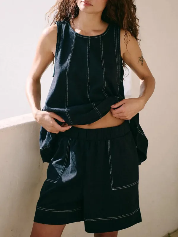 Casual Contrast Stitch Denim Tank Top and Shorts Set sold by Charming Charlie