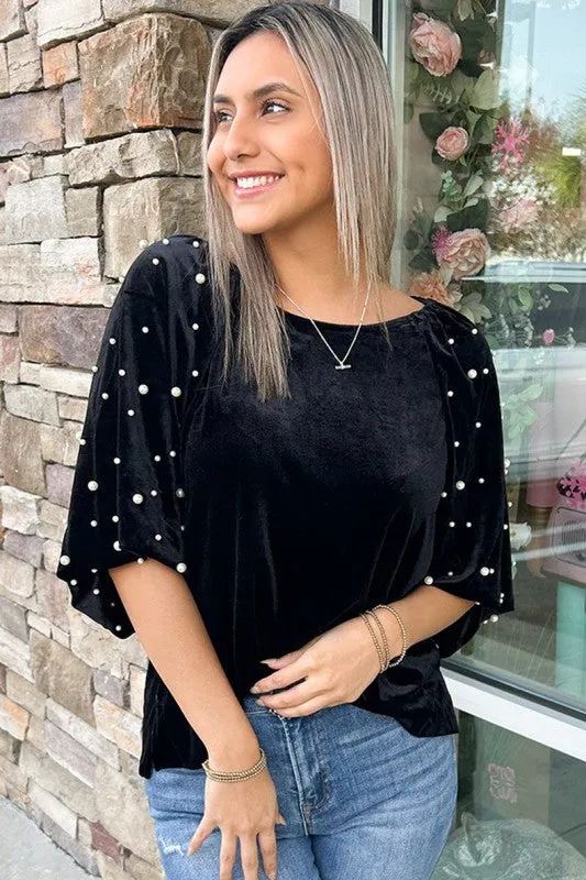 Black Pearl Beaded Half Sleeve Velvet Top sold by Charming Charlie