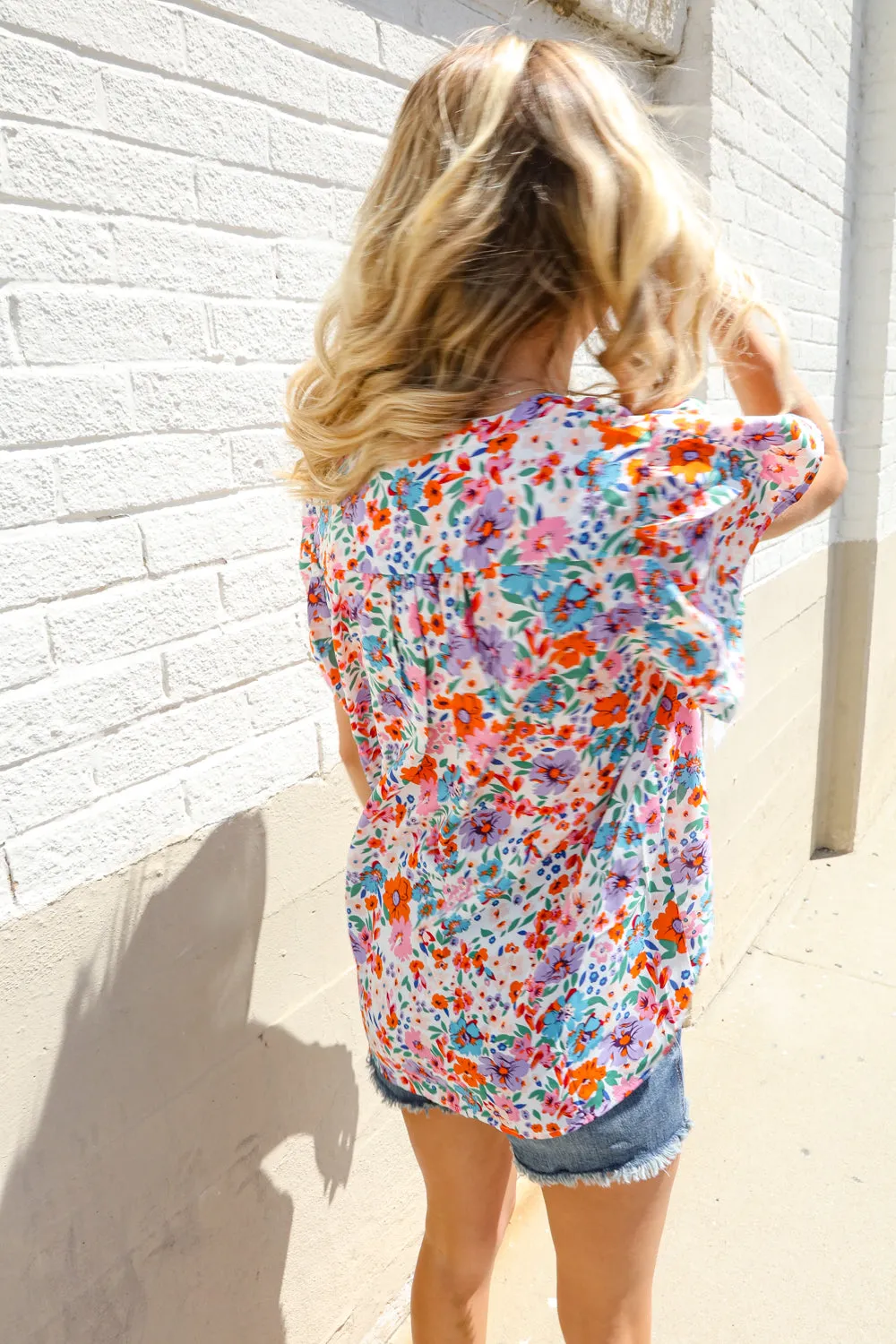 Beautiful You Ivory Floral Print Notch Neck Puff Short Sleeve Top sold by Charming Charlie product image thumbnail 2