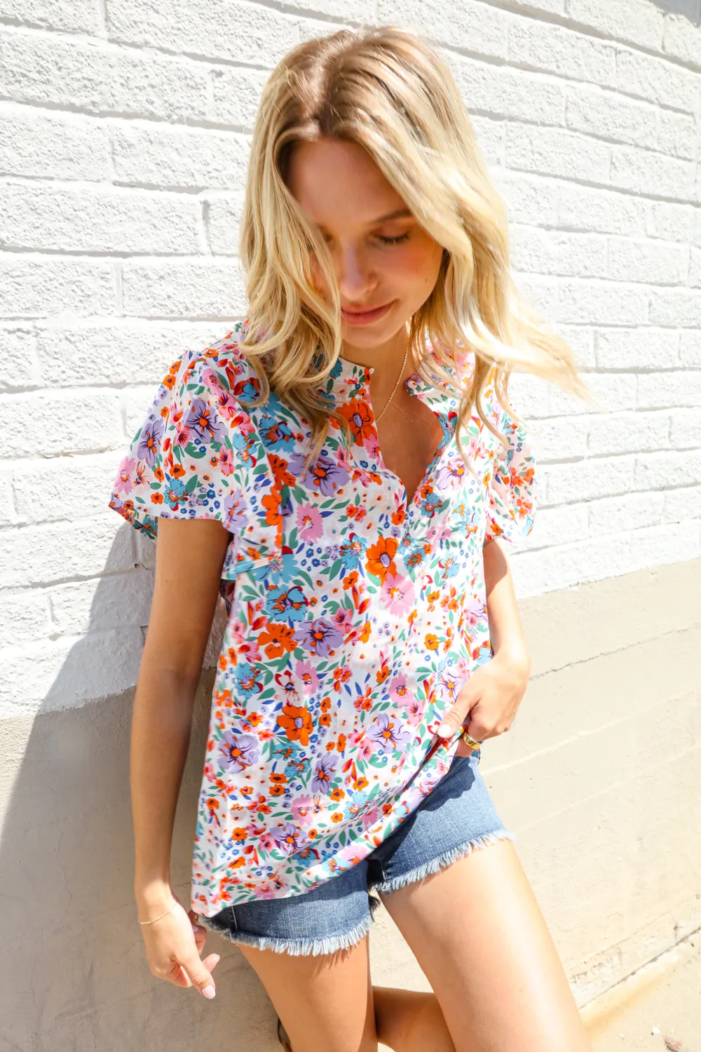 Beautiful You Ivory Floral Print Notch Neck Puff Short Sleeve Top sold by Charming Charlie product image thumbnail 5