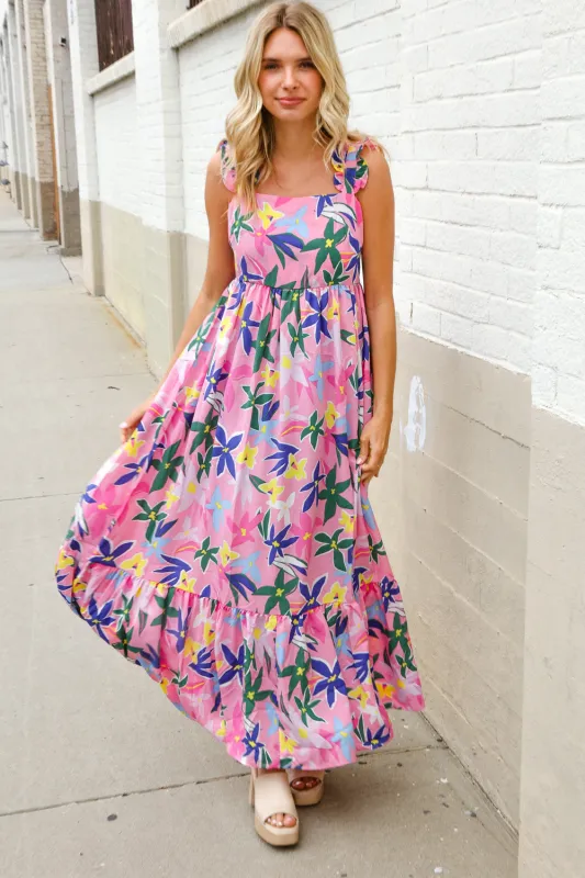 Find Love Pink Floral Back Tie Ribbon Ruffle Hem Frill Shoulder Strap Maxi sold by Charming Charlie