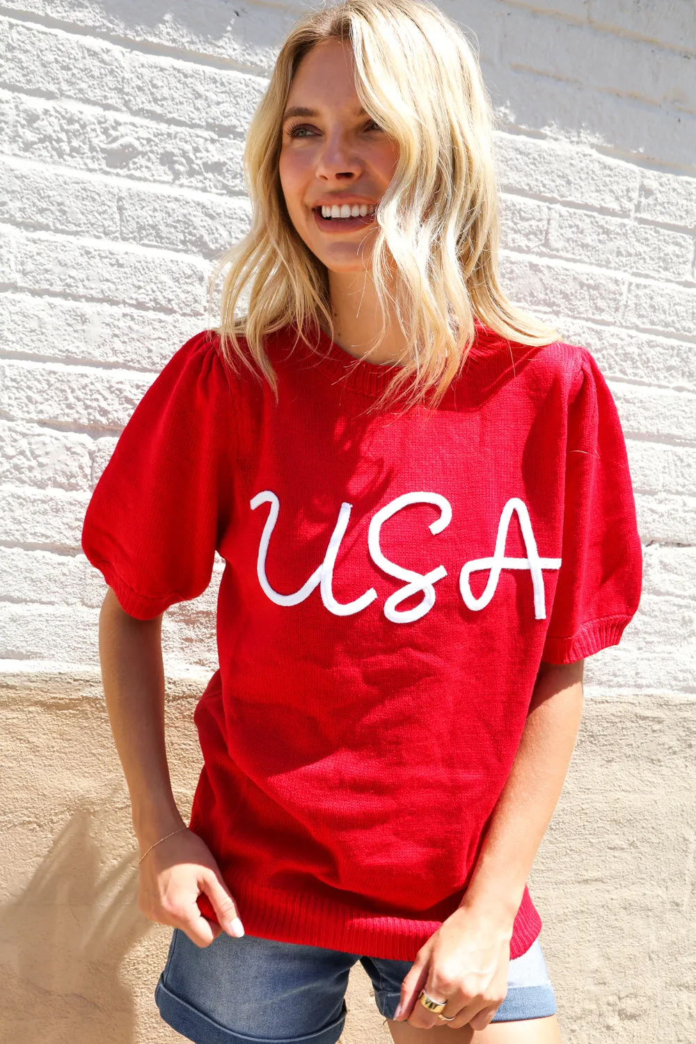 Patriotic USA Red Knit Embroidery Puff Sleeve Sweater Top sold by Charming Charlie product image thumbnail 4