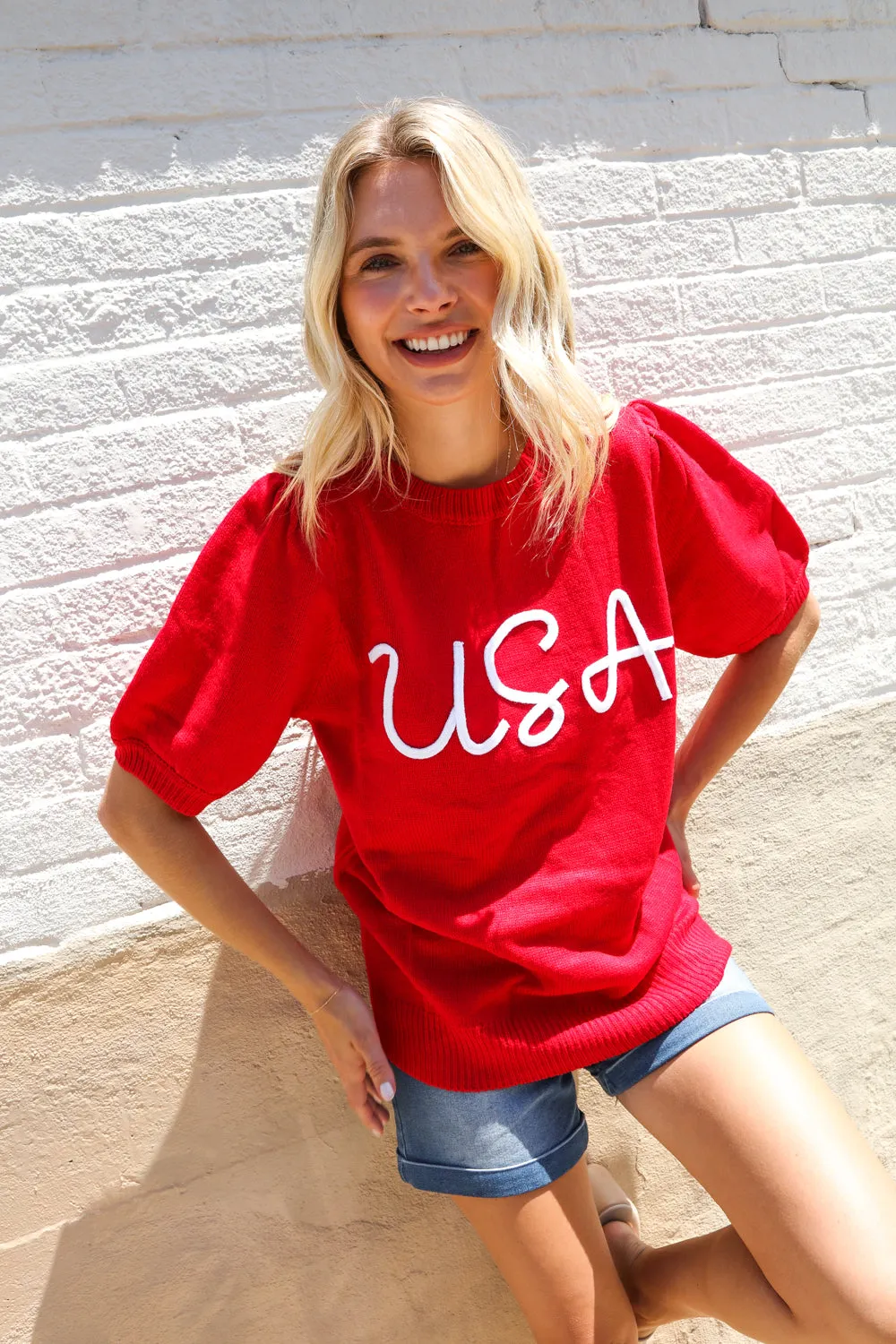 Patriotic USA Red Knit Embroidery Puff Sleeve Sweater Top sold by Charming Charlie product image thumbnail 3