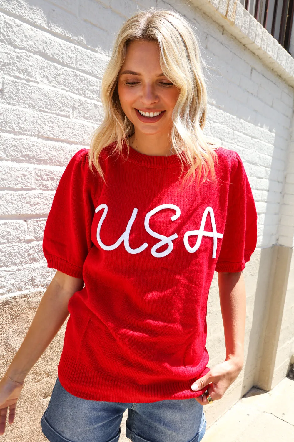 Patriotic USA Red Knit Embroidery Puff Sleeve Sweater Top sold by Charming Charlie product image thumbnail 5