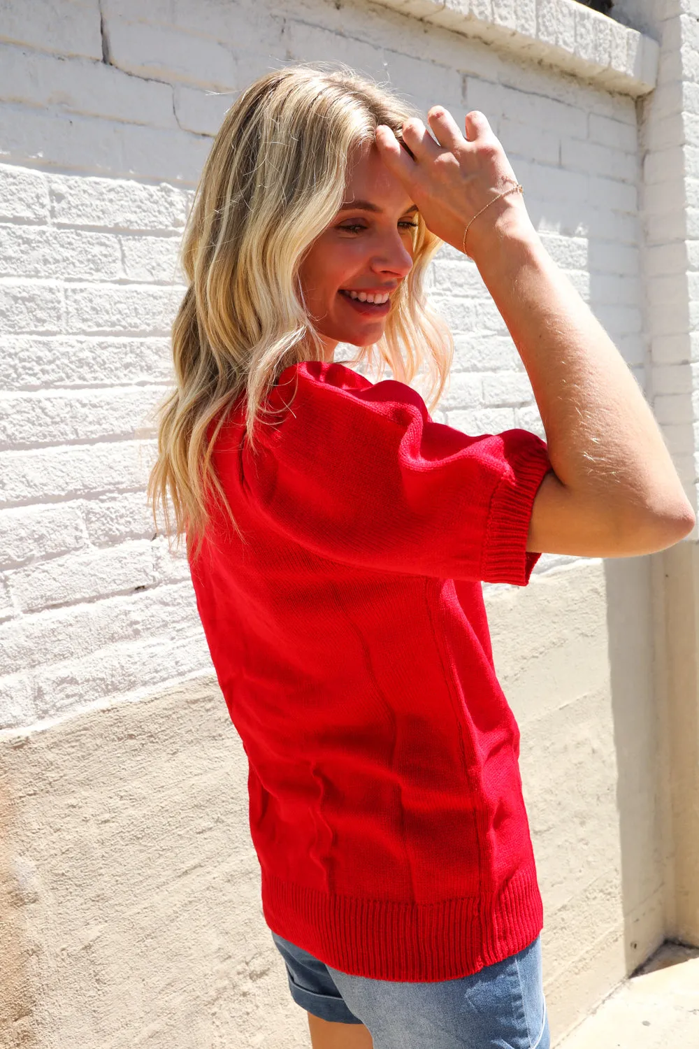 Patriotic USA Red Knit Embroidery Puff Sleeve Sweater Top sold by Charming Charlie product image thumbnail 2