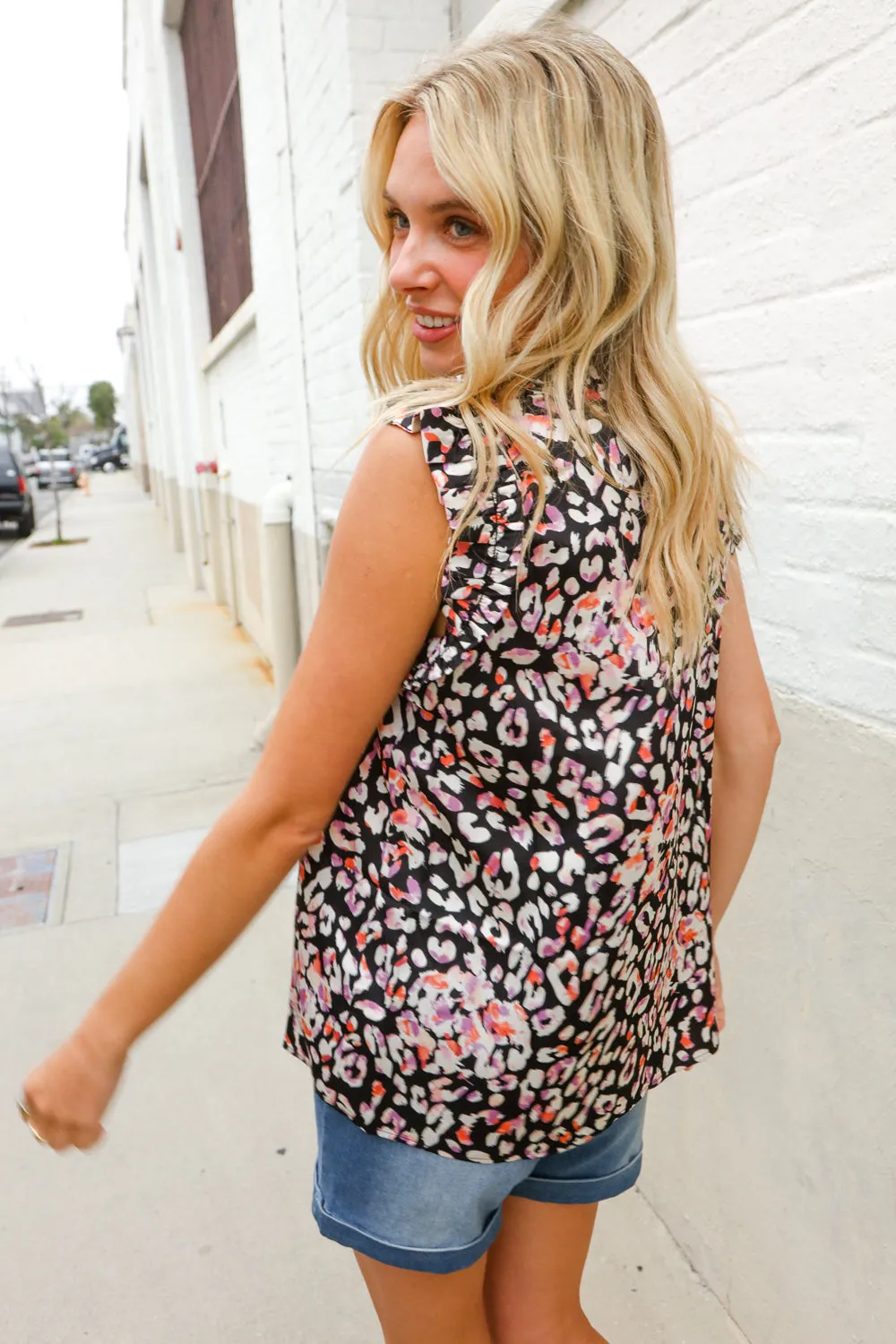 Dazzle In Black Leopard Print Frill Notch Neck Top sold by Charming Charlie product image thumbnail 2