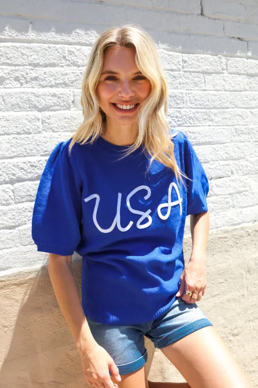 Patriotic USA Blue Knit Embroidery Puff Sleeve Sweater Top sold by Charming Charlie
