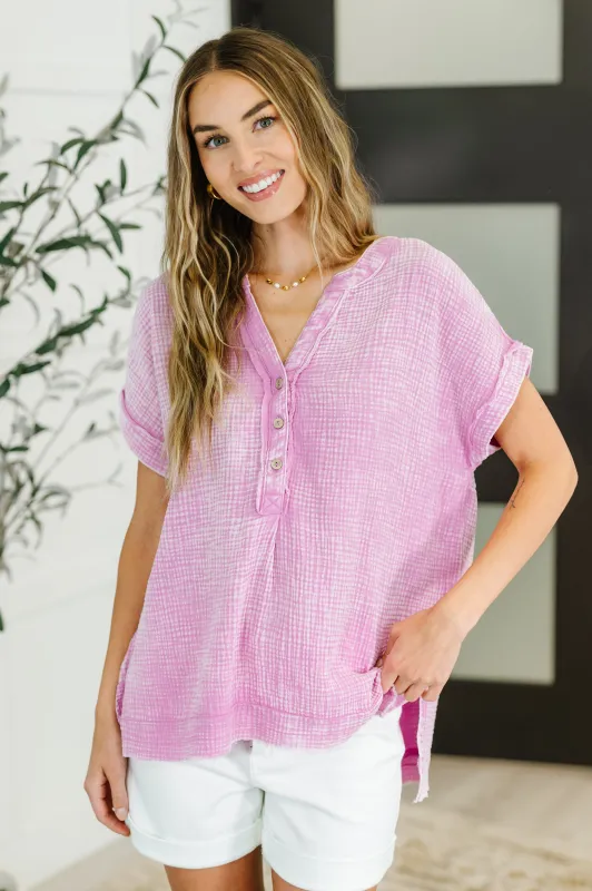 Basic Fade V-Neck Acid Wash Top in Mauve sold by Charming Charlie