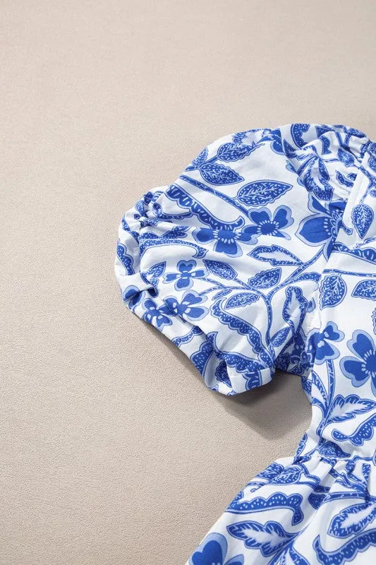 Blue Flower Print Puff Sleeve Tiered Dress sold by Charming Charlie product image thumbnail 4