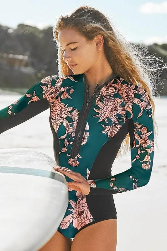Green Floral Long Sleeve Half Zip UPF50 Rash Guard sold by Charming Charlie