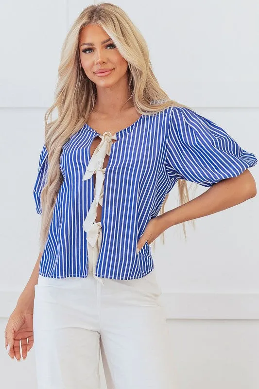 Blue Stripe Tied Front Puff Short Sleeve Blouse sold by Charming Charlie