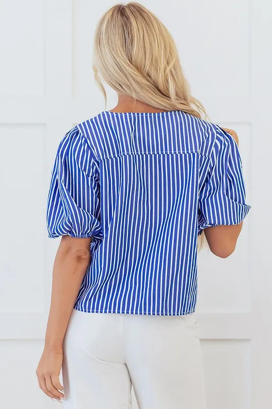 Blue Stripe Tied Front Puff Short Sleeve Blouse sold by Charming Charlie product image thumbnail 4