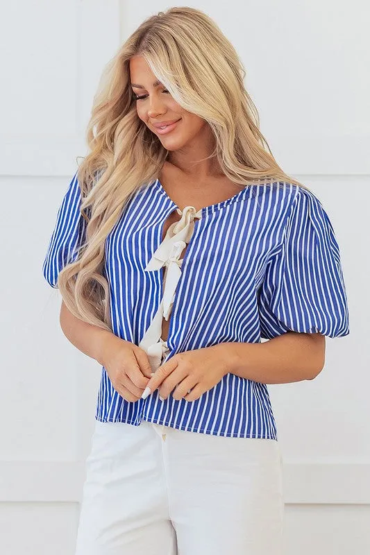 Blue Stripe Tied Front Puff Short Sleeve Blouse sold by Charming Charlie product image thumbnail 5