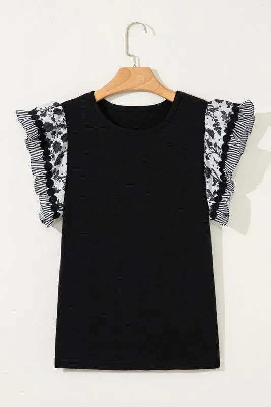 Black Floral Striped Patchwork Flutter Sleeve Blou sold by Charming Charlie product image thumbnail 5