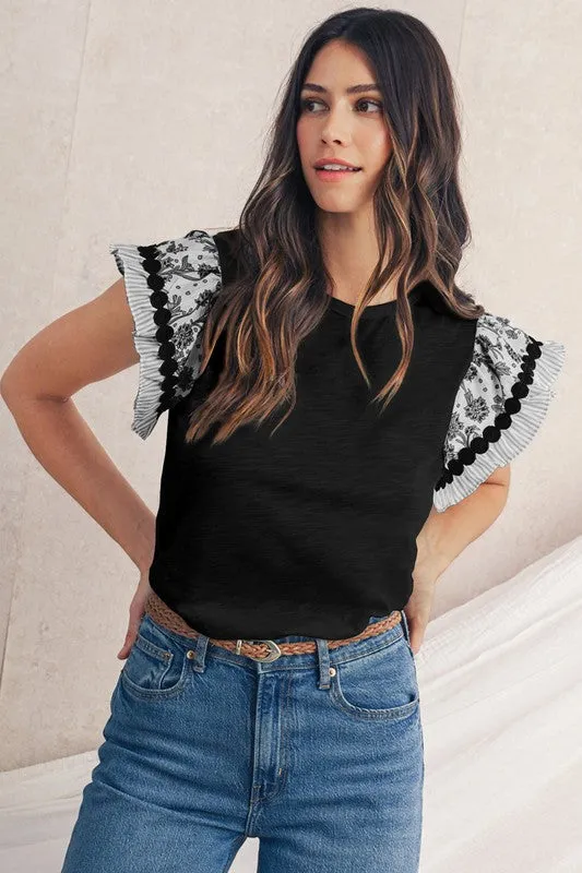 Black Floral Striped Patchwork Flutter Sleeve Blou sold by Charming Charlie