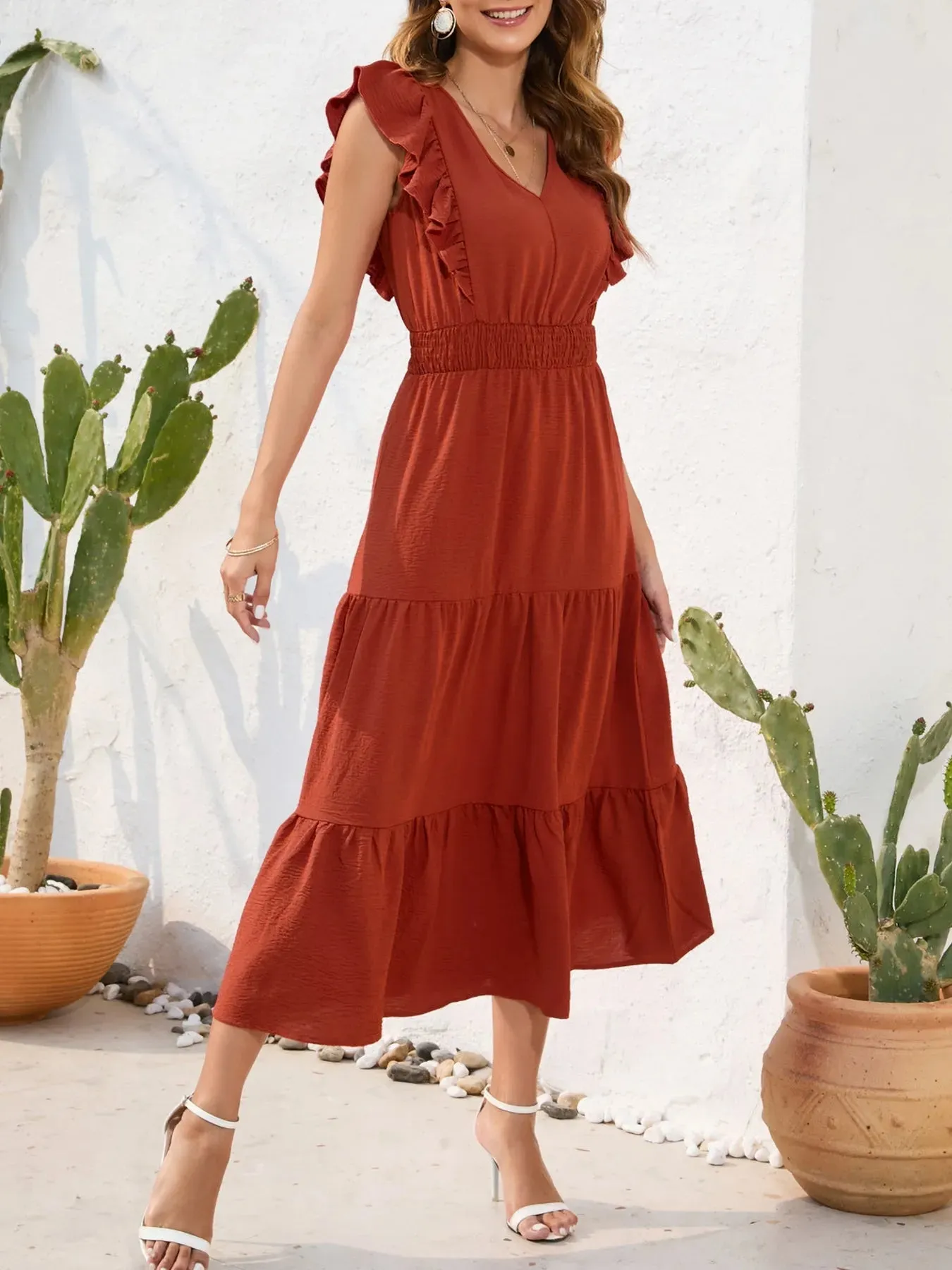 Ruffle Sleeve V-Neck Tiered Midi Dress sold by Charming Charlie product image thumbnail 2