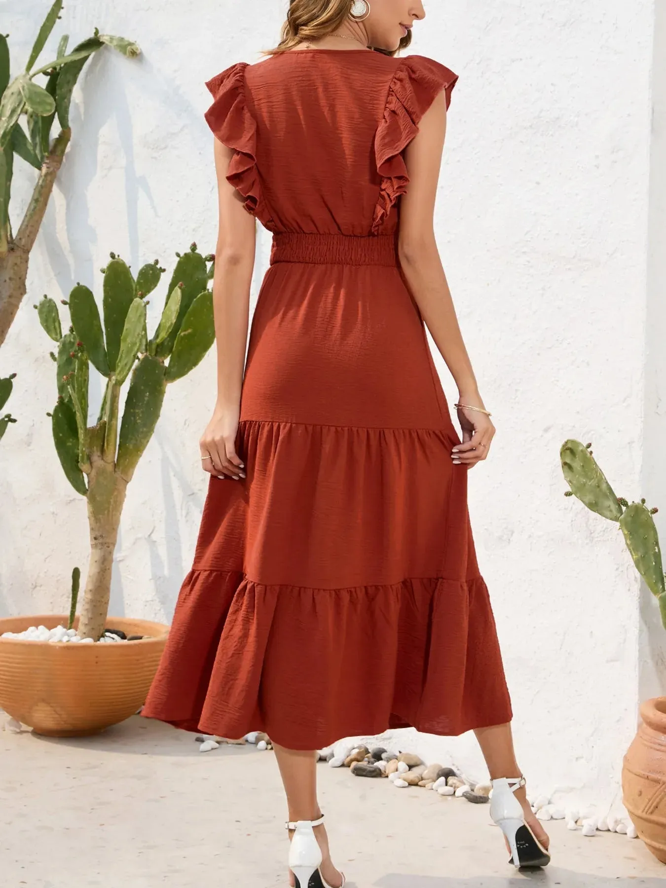 Ruffle Sleeve V-Neck Tiered Midi Dress sold by Charming Charlie product image thumbnail 5