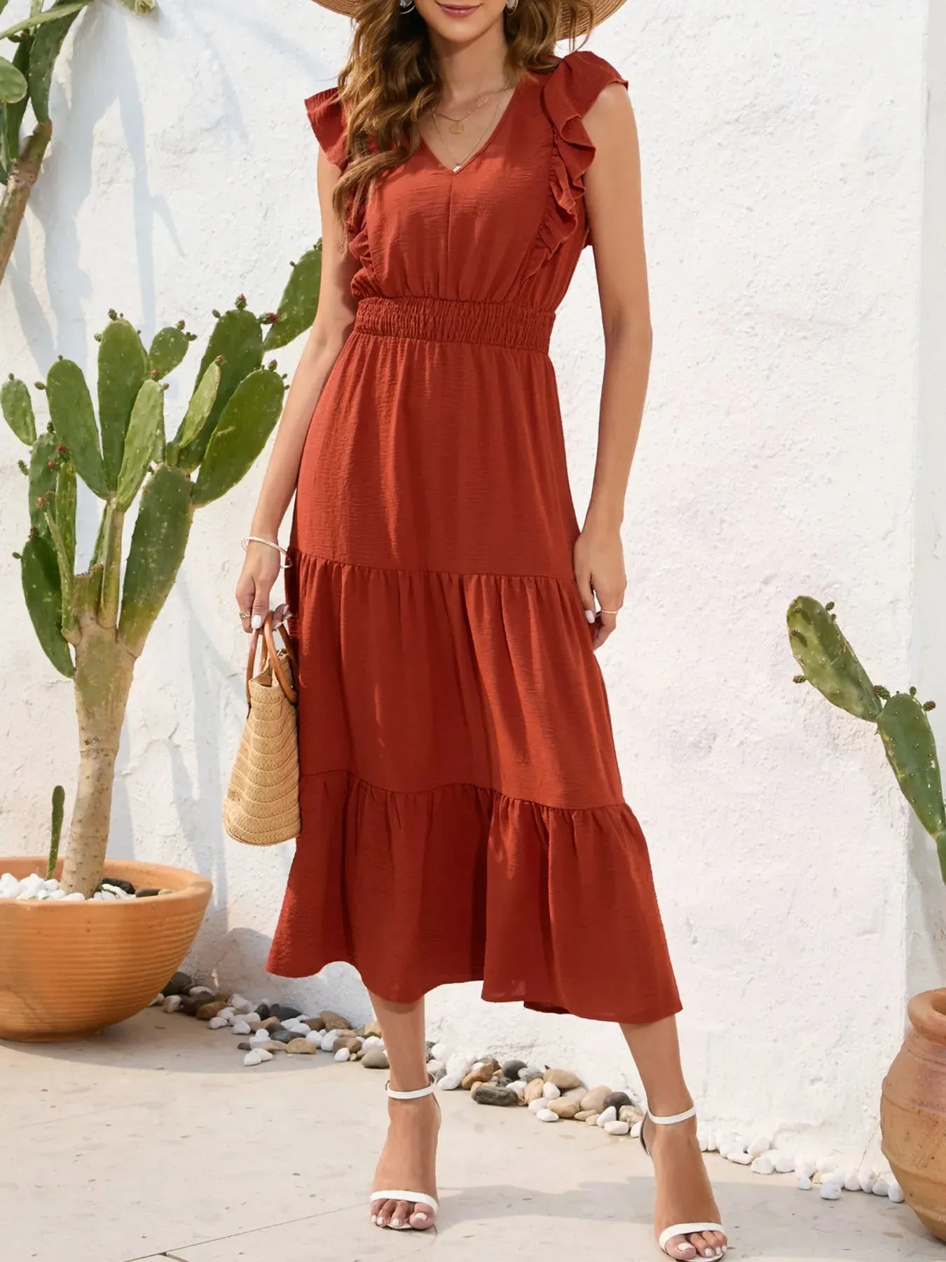 Ruffle Sleeve V-Neck Tiered Midi Dress sold by Charming Charlie