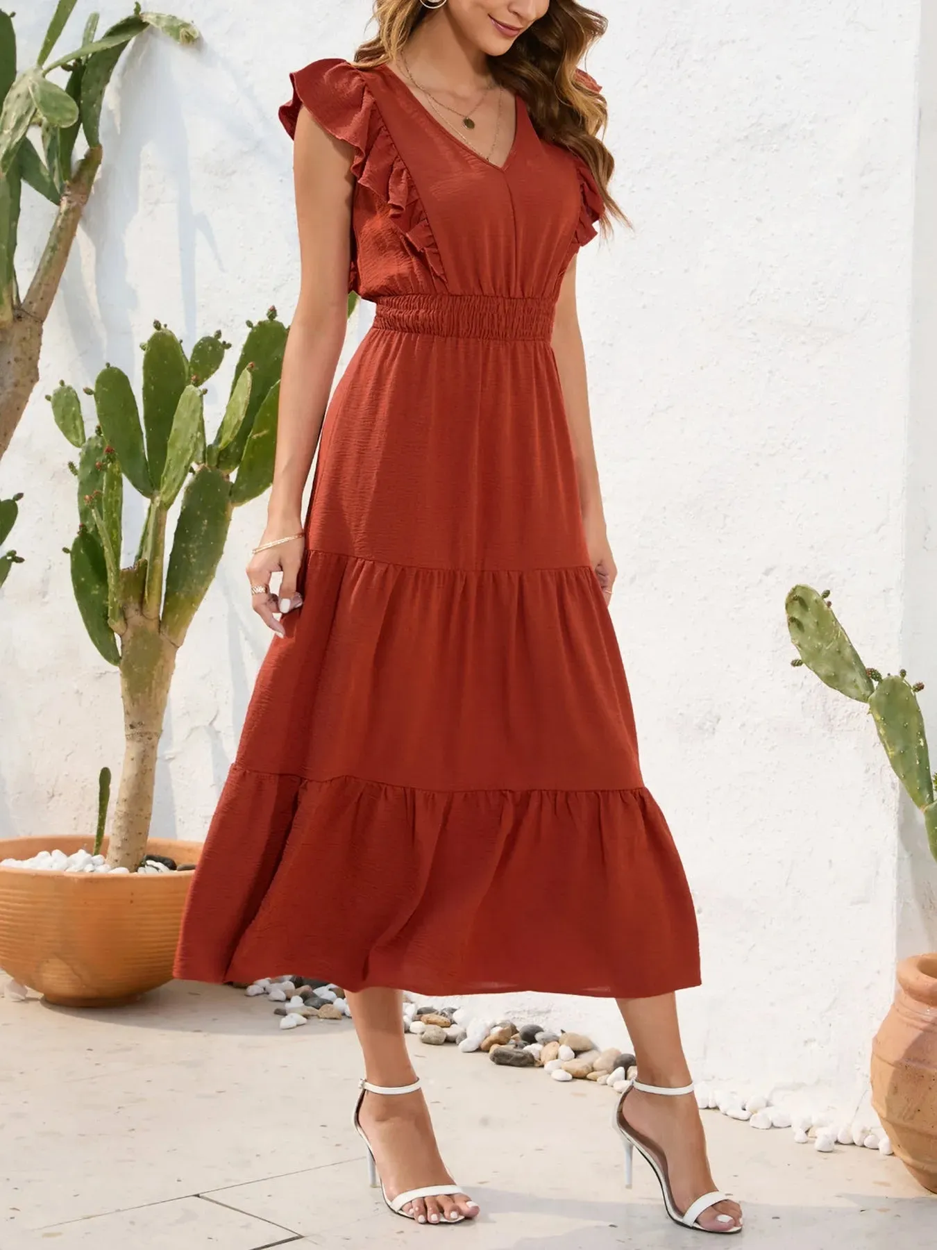 Ruffle Sleeve V-Neck Tiered Midi Dress sold by Charming Charlie product image thumbnail 4