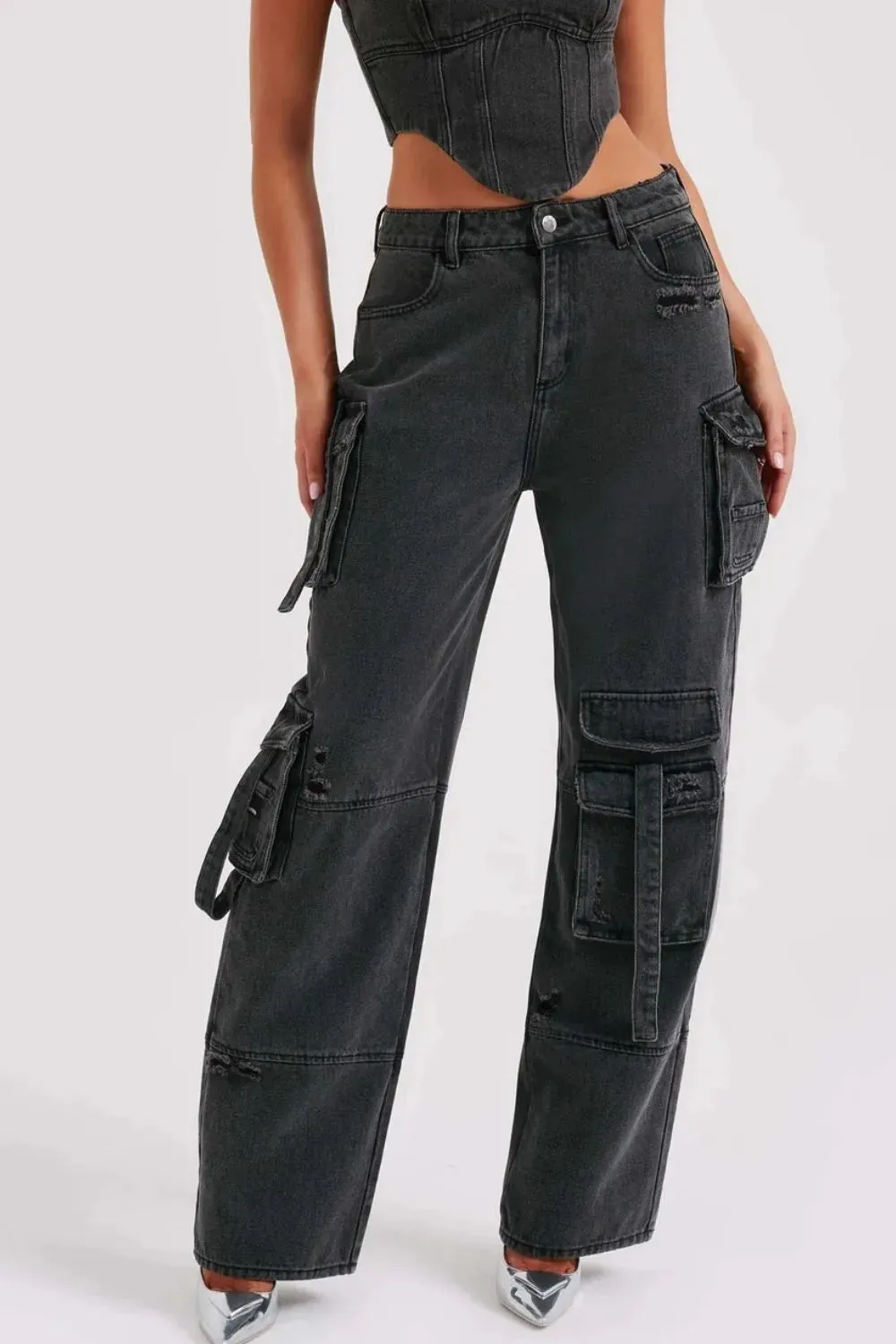 High Waist Cargo Wide Leg Jeans sold by Charming Charlie