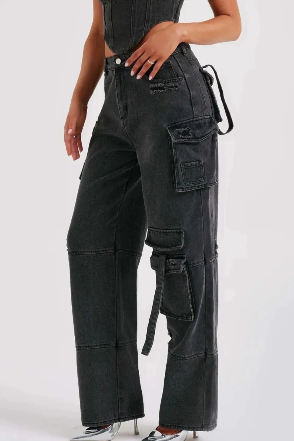 High Waist Cargo Wide Leg Jeans sold by Charming Charlie product image thumbnail 3