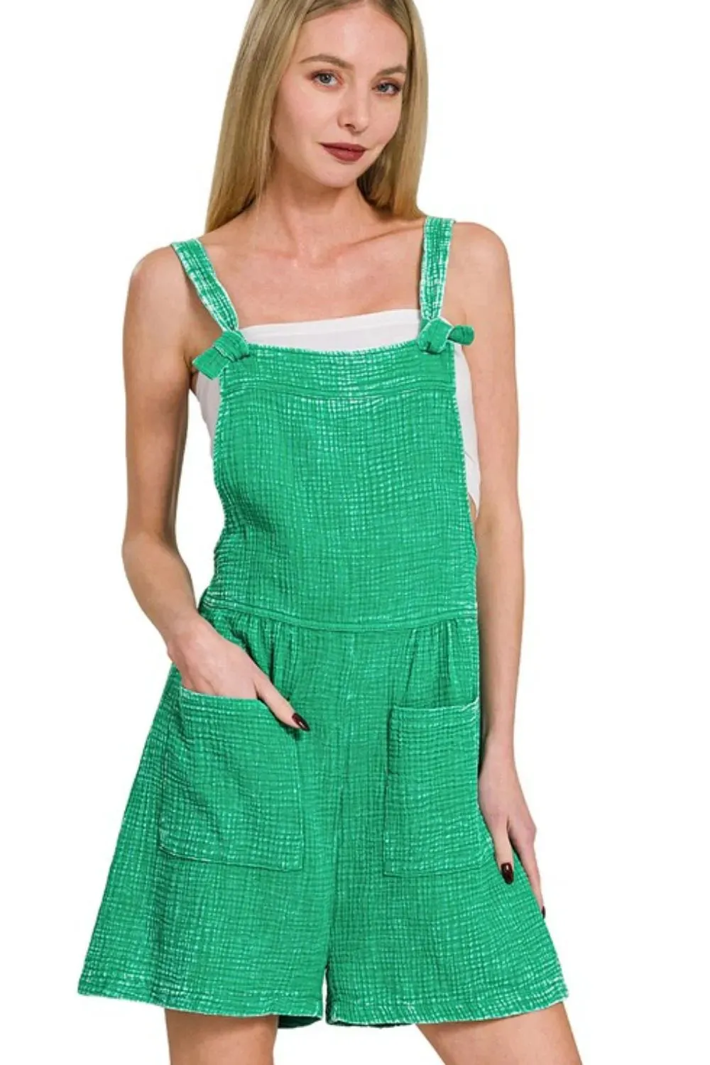 Zenana Woven Double Gauze Acid Washed Romper sold by Charming Charlie