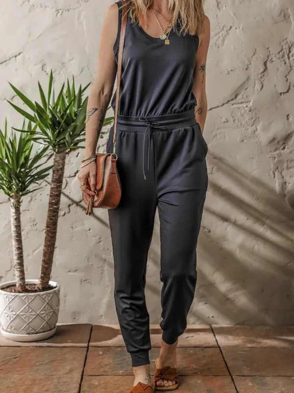Tie Waist Sleeveless Jogger Jumpsuit sold by Charming Charlie