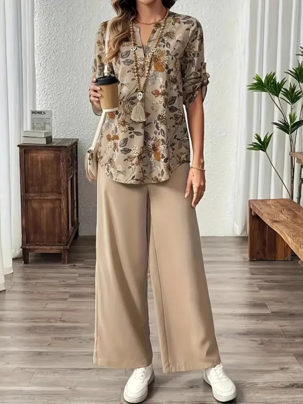 Printed Notched Long Sleeve Top and Pants Set sold by Charming Charlie