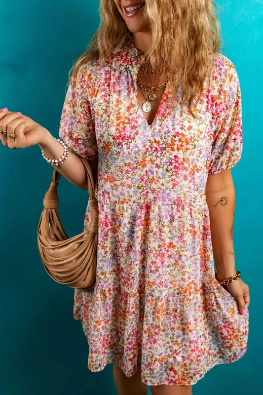 Floral Puff Sleeve Notched Tiered Mini Dress sold by Charming Charlie