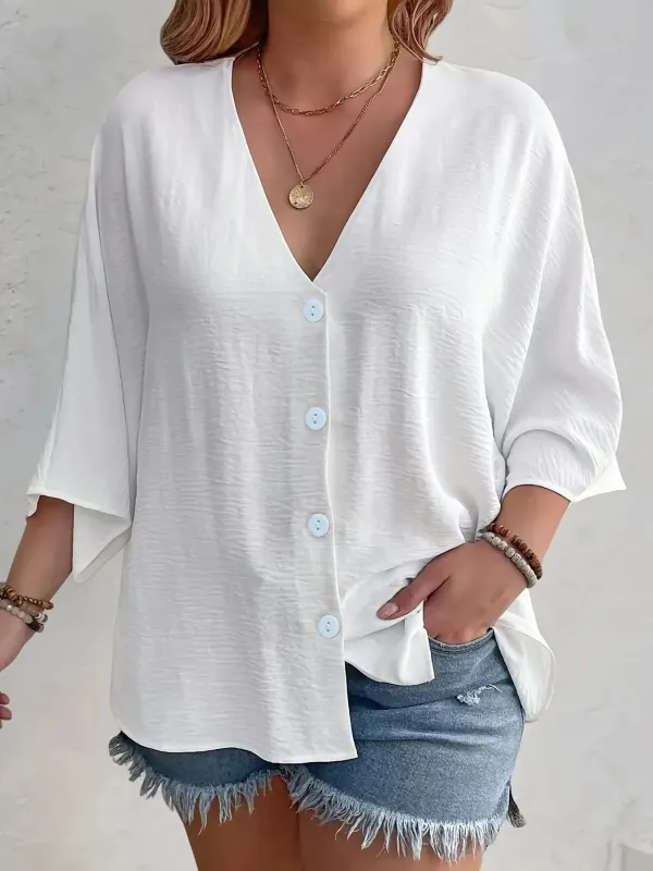 Full Size Casual V-Neck Button Down Relaxed Fit Blouse Plus Size sold by Charming Charlie