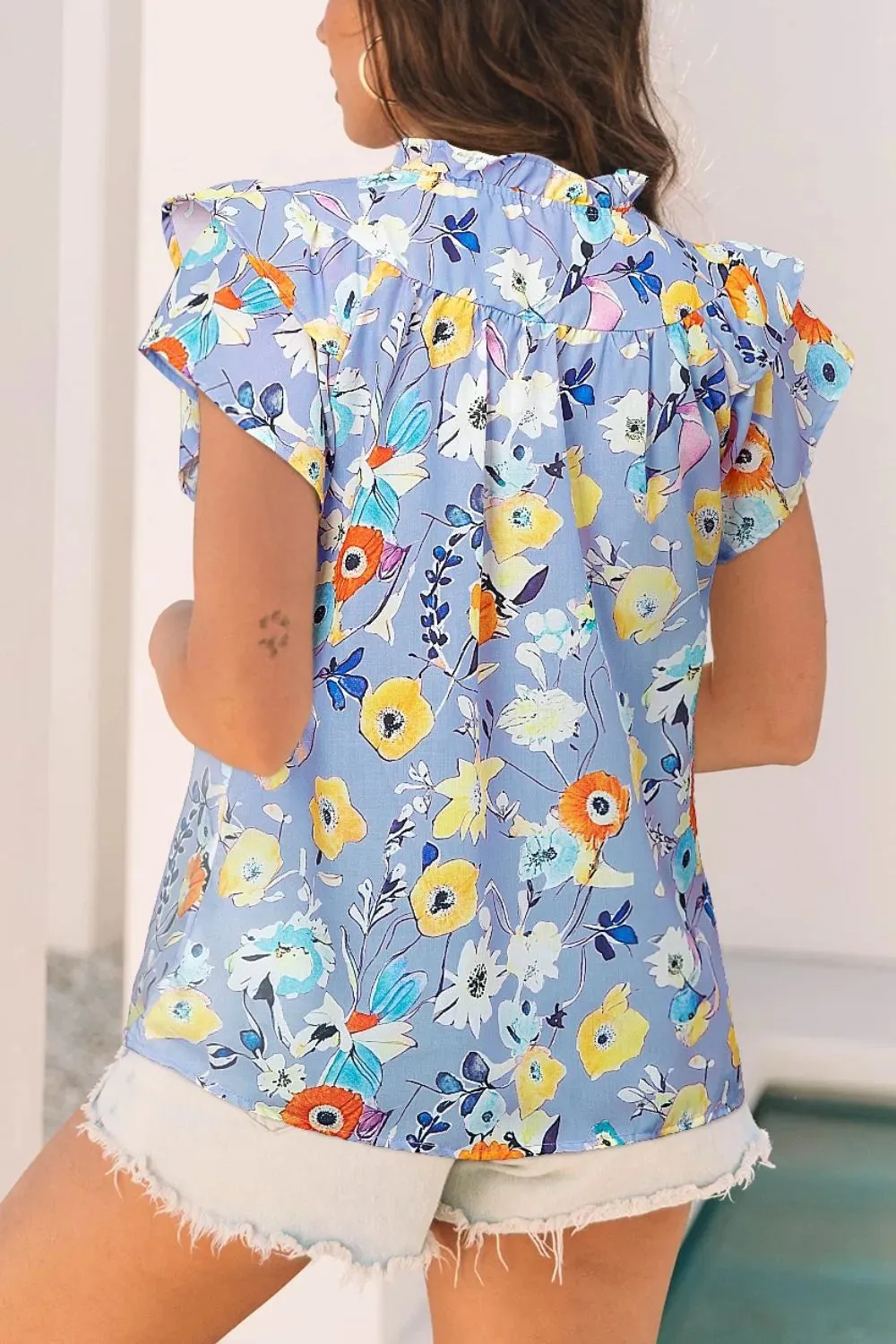 Printed Ruffle Cap Sleeve Notched Blouse sold by Charming Charlie product image thumbnail 2