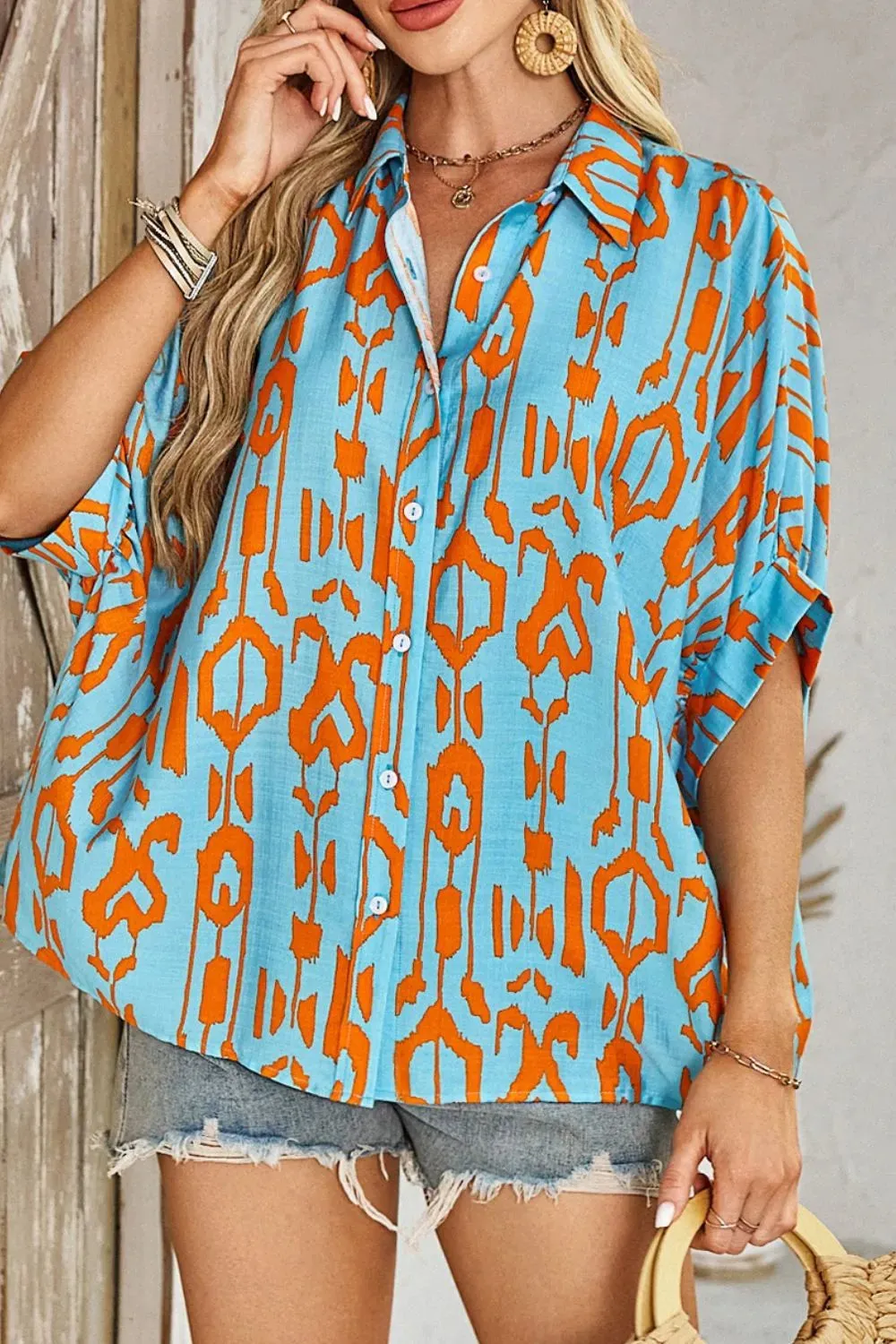 Abstract Print Dolman Short Sleeve Western Loose Shirt sold by Charming Charlie product image thumbnail 5