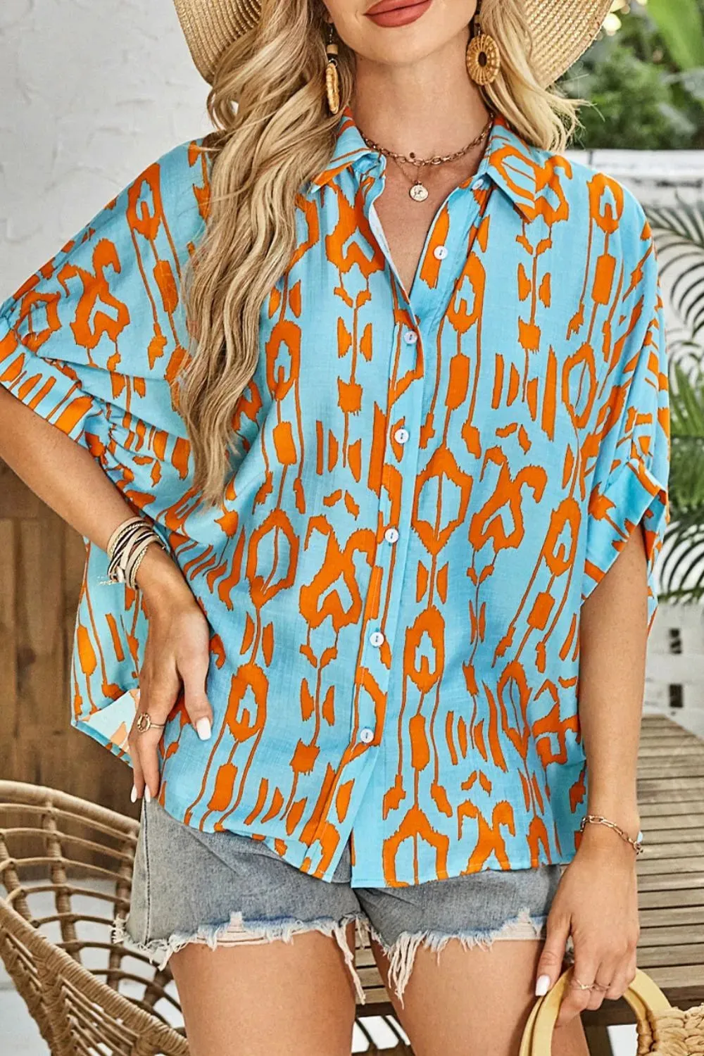 Abstract Print Dolman Short Sleeve Western Loose Shirt sold by Charming Charlie product image thumbnail 4